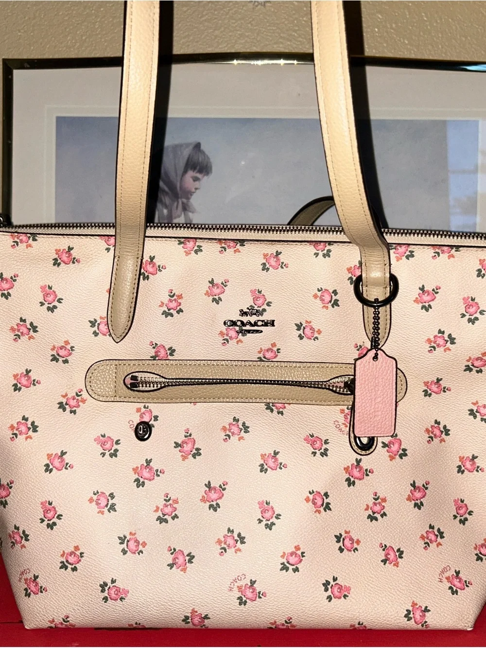 COACH Pink Floral Tote with Beige Trim